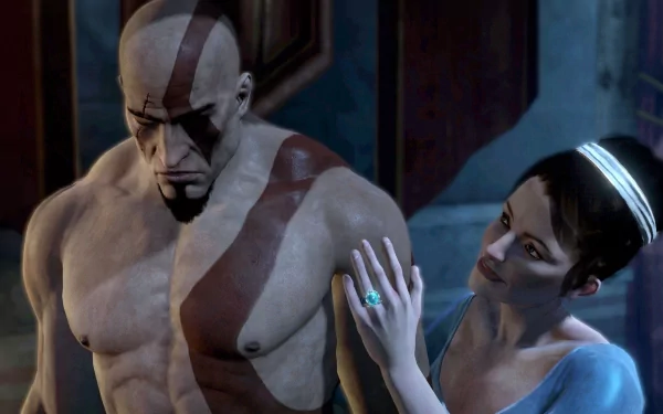 HD PC desktop wallpaper featuring Kratos and a woman from the video game God of War: Ascension, showcasing intense character detail and dramatic atmosphere.