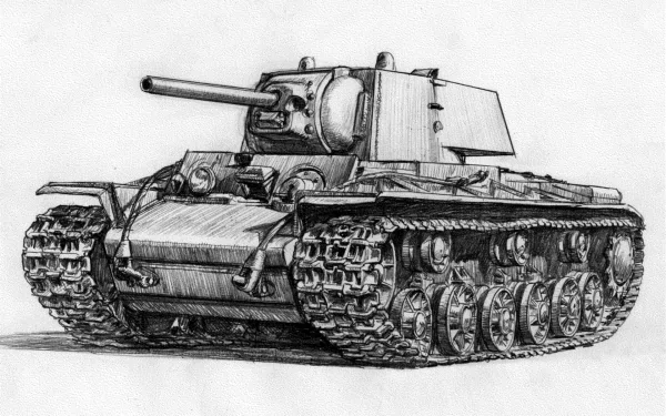 Black-and-white pencil sketch of a Kliment Voroshilov military tank, detailed tracks and turret, presented as an HD PC desktop wallpaper background.