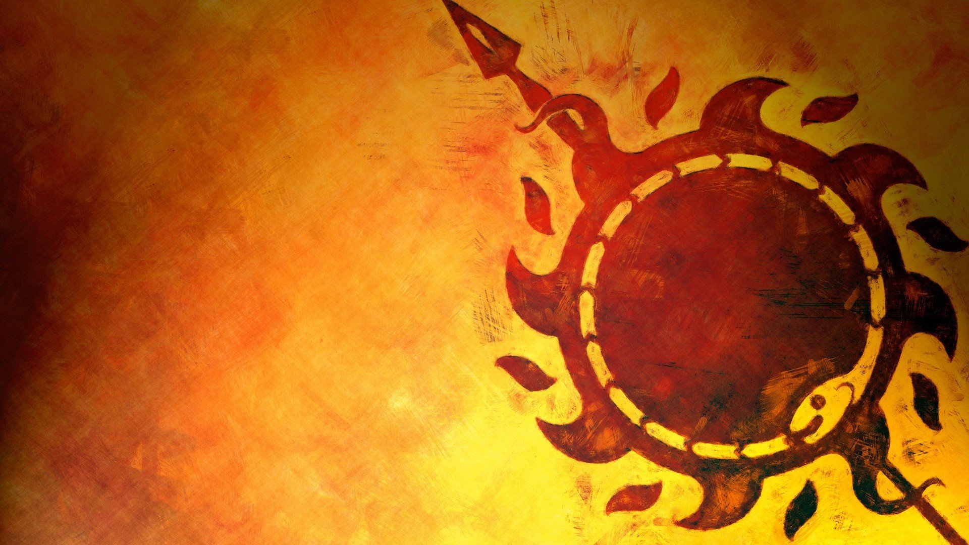 HD PC desktop wallpaper: stylized fiery sun emblem from the TV show Game of Thrones on a textured orange‑yellow background.