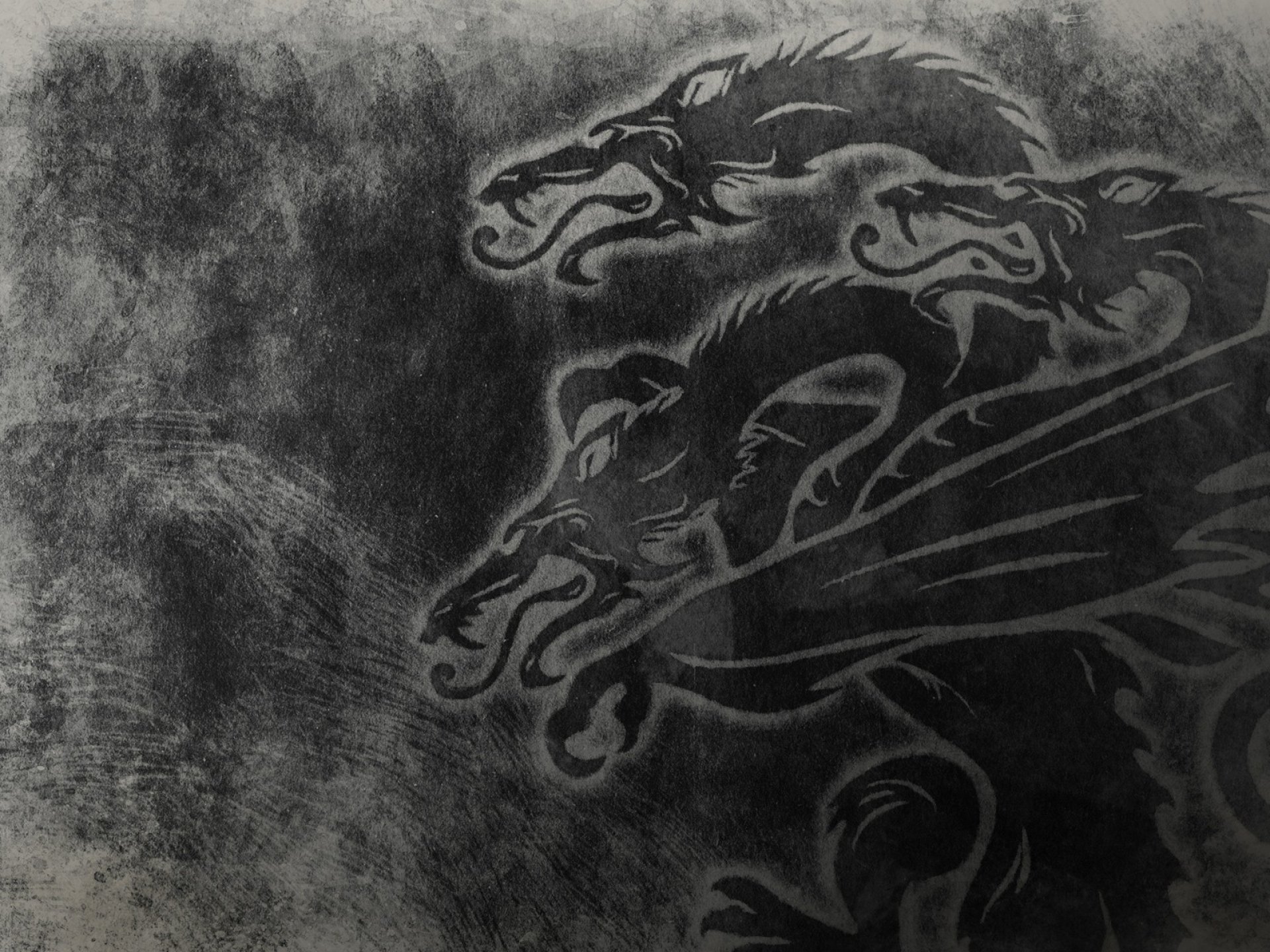 A dramatic HD desktop wallpaper featuring the iconic three-headed dragon from Game of Thrones, set against a textured dark background.