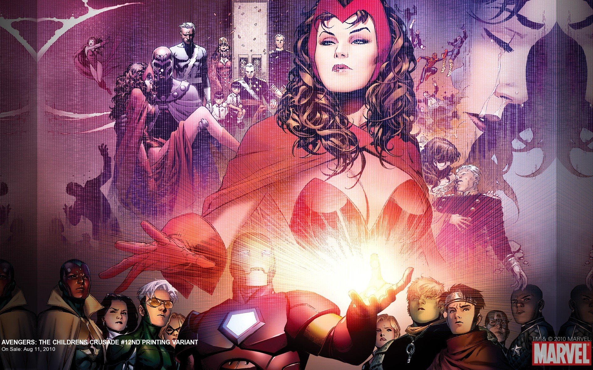 HD PC desktop wallpaper featuring Marvel Comics' Avengers: The Children's Crusade, showcasing Scarlet Witch, Captain America, Iron Man, Spider-Man, and key heroes.