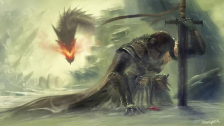 A high-definition fantasy wallpaper depicting a knight kneeling with a sword, facing a looming dragon in a misty background.