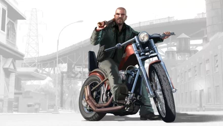 A character from Grand Theft Auto IV rides a motorcycle, exuding a tough demeanor. This HD PC desktop wallpaper captures the game's gritty urban aesthetic.