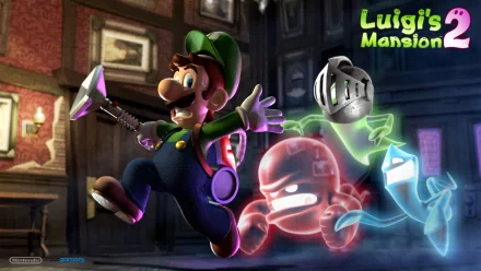 HD PC desktop wallpaper featuring Luigi from the video game Luigi's Mansion 2, surrounded by colorful ghosts in a haunted mansion setting.