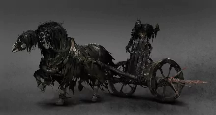 A sinister figure rides a ghostly horse-drawn chariot in this Dark Souls II HD PC wallpaper, capturing a haunting and ominous atmosphere from the game.