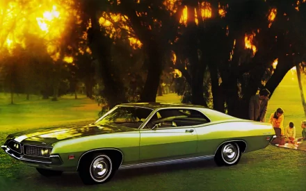A green 1971 Ford Torino 500 parked on grass under trees, bathed in warm sunlight, captured as an HD PC desktop wallpaper and background.