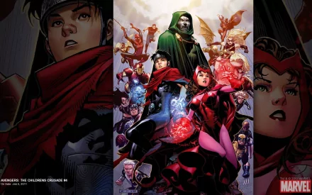 HD PC desktop wallpaper featuring vibrant comic art from Avengers: The Children's Crusade, showcasing key Marvel characters in dynamic poses against a glowing backdrop.