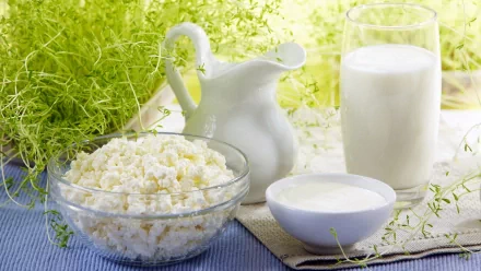 A HD desktop wallpaper featuring a glass of milk, a white jug, a bowl of cottage cheese, and a small bowl of cream, all set against a background of fresh greenery.
