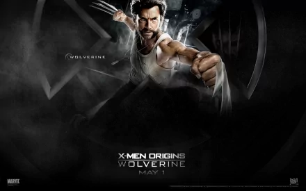 HD desktop wallpaper of Hugh Jackman as Wolverine, aka Logan James Howlett, from the movie X-Men Origins: Wolverine, featuring an action pose with claws extended. Text: X-Men Origins: Wolverine, May 1.