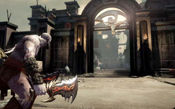 HD PC desktop wallpaper featuring a scene from the video game God of War: Ascension, showing Kratos aiming a weapon toward an ancient, ornate gateway.