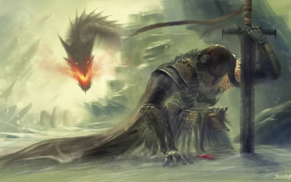 A high-definition fantasy wallpaper depicting a knight kneeling with a sword, facing a looming dragon in a misty background.