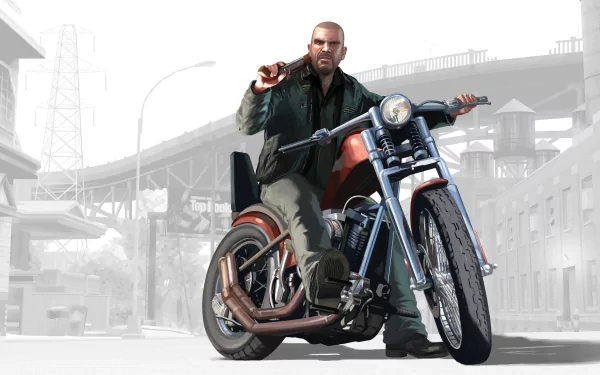 A character from Grand Theft Auto IV rides a motorcycle, exuding a tough demeanor. This HD PC desktop wallpaper captures the game's gritty urban aesthetic.