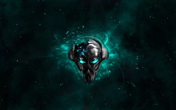 A striking HD wallpaper featuring a sleek, futuristic skull with headphones set against a vibrant teal and black cosmic background, embodying the essence of a pirate music station.