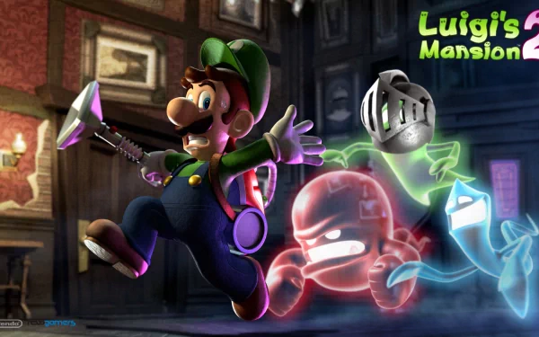 HD PC desktop wallpaper featuring Luigi from the video game Luigi's Mansion 2, surrounded by colorful ghosts in a haunted mansion setting.