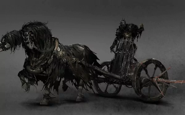 A sinister figure rides a ghostly horse-drawn chariot in this Dark Souls II HD PC wallpaper, capturing a haunting and ominous atmosphere from the game.