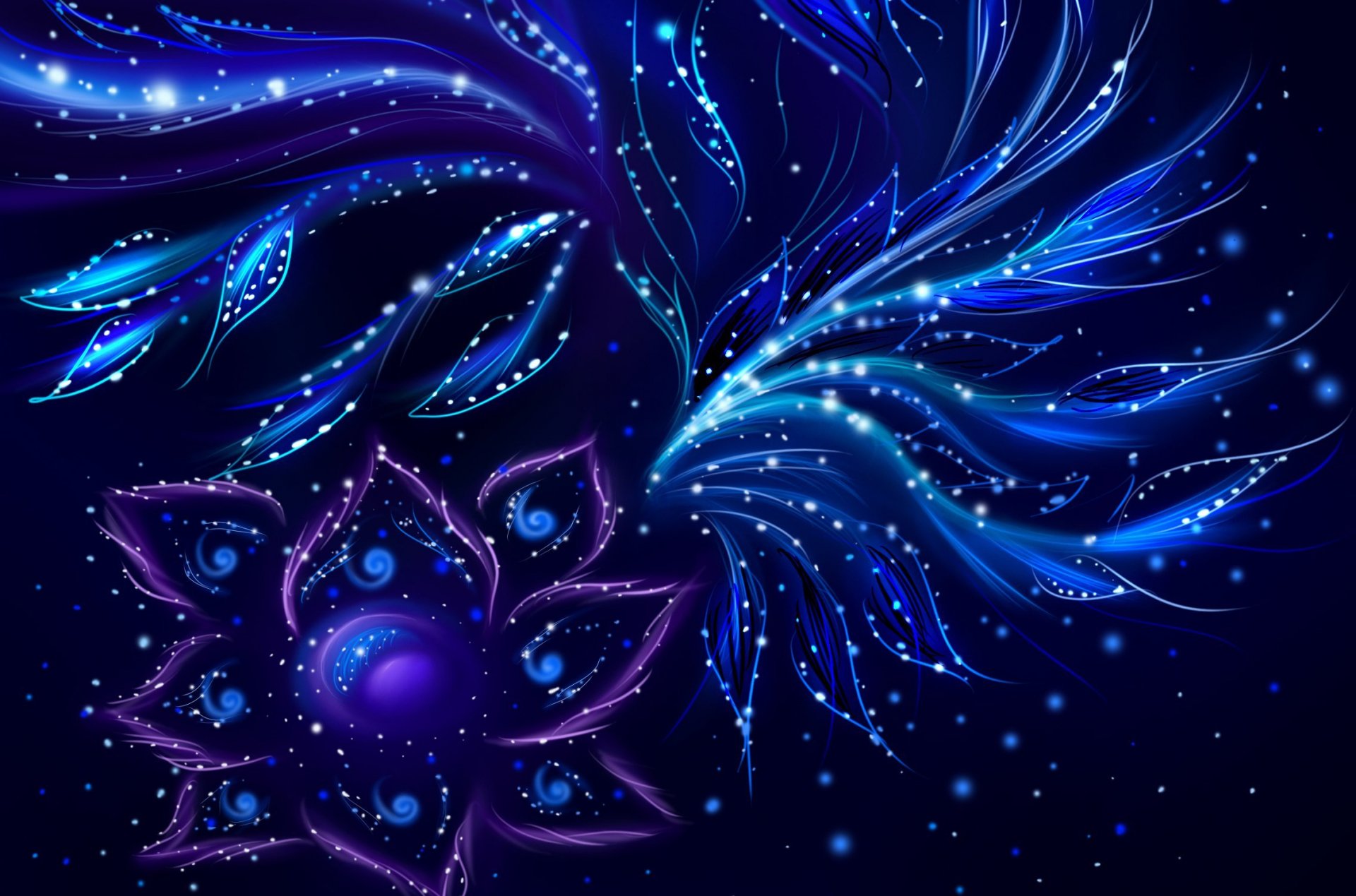 An artistic HD wallpaper of a glowing blue and purple flower with intricate patterns against a dark background.