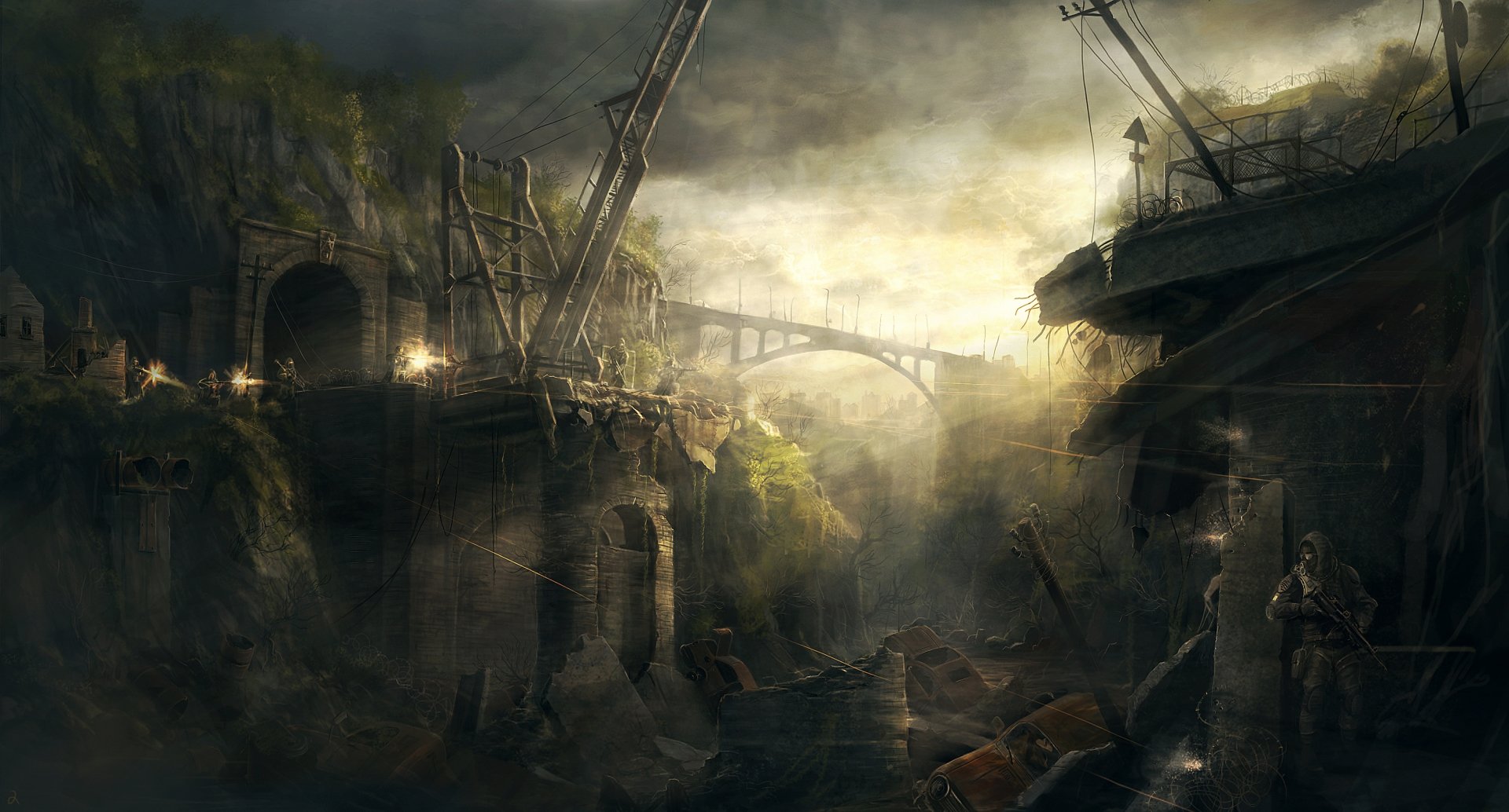 A haunting landscape from the video game S.T.A.L.K.E.R., featuring a desolate environment with a bridge and ruins under a dramatic, cloudy sky. A striking HD PC desktop wallpaper.