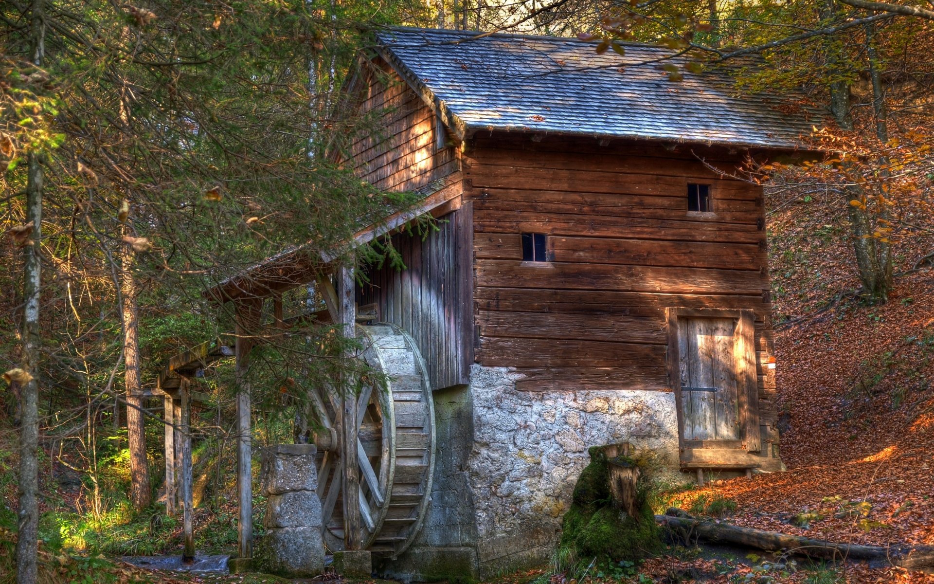 Download Man Made Watermill HD Wallpaper