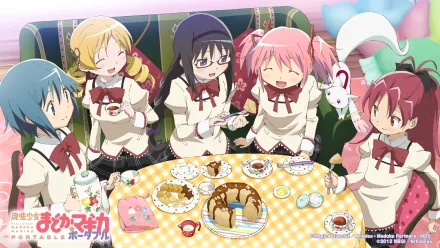 A colorful HD wallpaper featuring characters from Puella Magi Madoka Magica, including Madoka, Sayaka, Mami, Kyōko, Homura, and Kyuubey, enjoying a cheerful tea party.