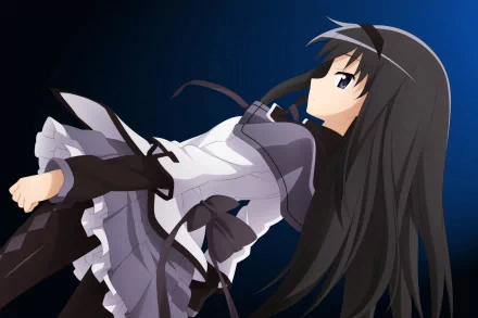 HD PC desktop wallpaper featuring Homura Akemi from the anime Puella Magi Madoka Magica, depicted in her iconic outfit against a dark blue background.