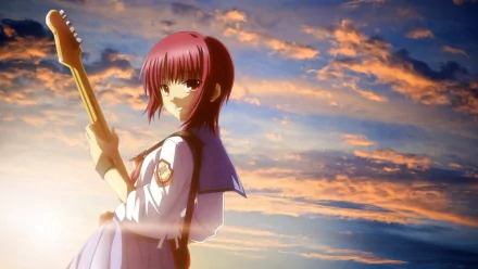 Masami Iwasawa from the anime *Angel Beats!* stands confidently with her guitar against a vibrant sunset, creating a stunning HD wallpaper backdrop.