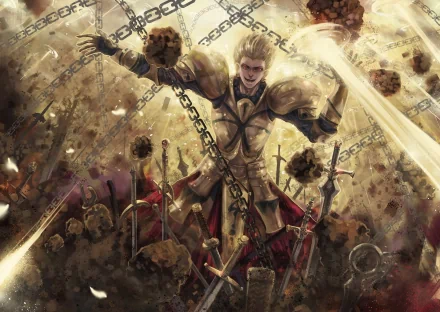 A captivating HD wallpaper featuring Gilgamesh from the Fate series, showcasing his powerful presence amidst a chaotic battlefield in Fate/Zero.