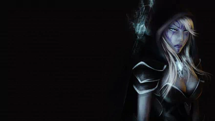 HD desktop wallpaper featuring a character from the video game DotA 2. The character is a mysterious figure with long hair, glowing eyes, and a hooded cloak. The background is dark, emphasizing the character.
