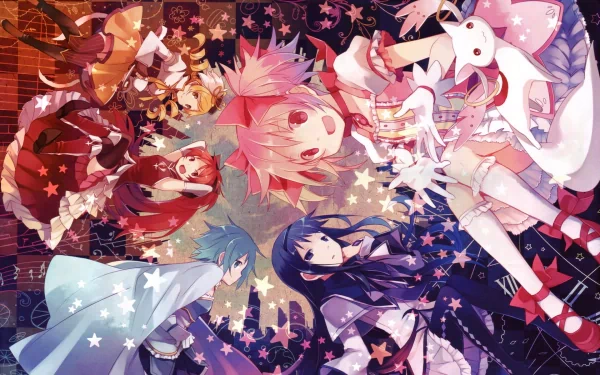 A colorful HD wallpaper featuring characters from Puella Magi Madoka Magica, including Madoka Kaname, Sayaka Miki, Mami Tomoe, Kyōko Sakura, Homura Akemi, and Kyuubey set against a starry background.