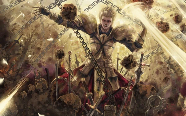 A captivating HD wallpaper featuring Gilgamesh from the Fate series, showcasing his powerful presence amidst a chaotic battlefield in Fate/Zero.