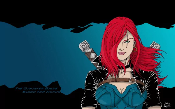 4K Ultra HD wallpaper of Katarina from League of Legends, featuring her with red hair and dual swords against a blue and black background.