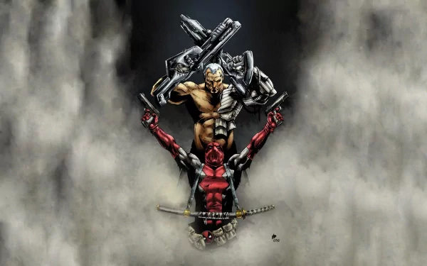 Deadpool, the Merc with a Mouth, stands defiantly below Cable amidst a smoky backdrop, showcasing their comic book dynamic. This HD wallpaper captures their iconic clash perfectly.