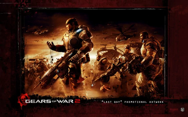HD PC desktop wallpaper featuring intense battle-ready soldiers from the video game Gears of War 2, set against a fiery, war-torn backdrop.