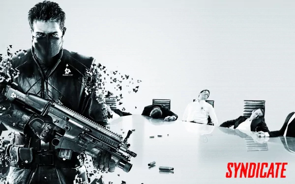 HD PC desktop wallpaper of the video game Syndicate: masked agent with a heavy rifle and glitching particles at left, motionless executives around a conference table; red Syndicate logo.