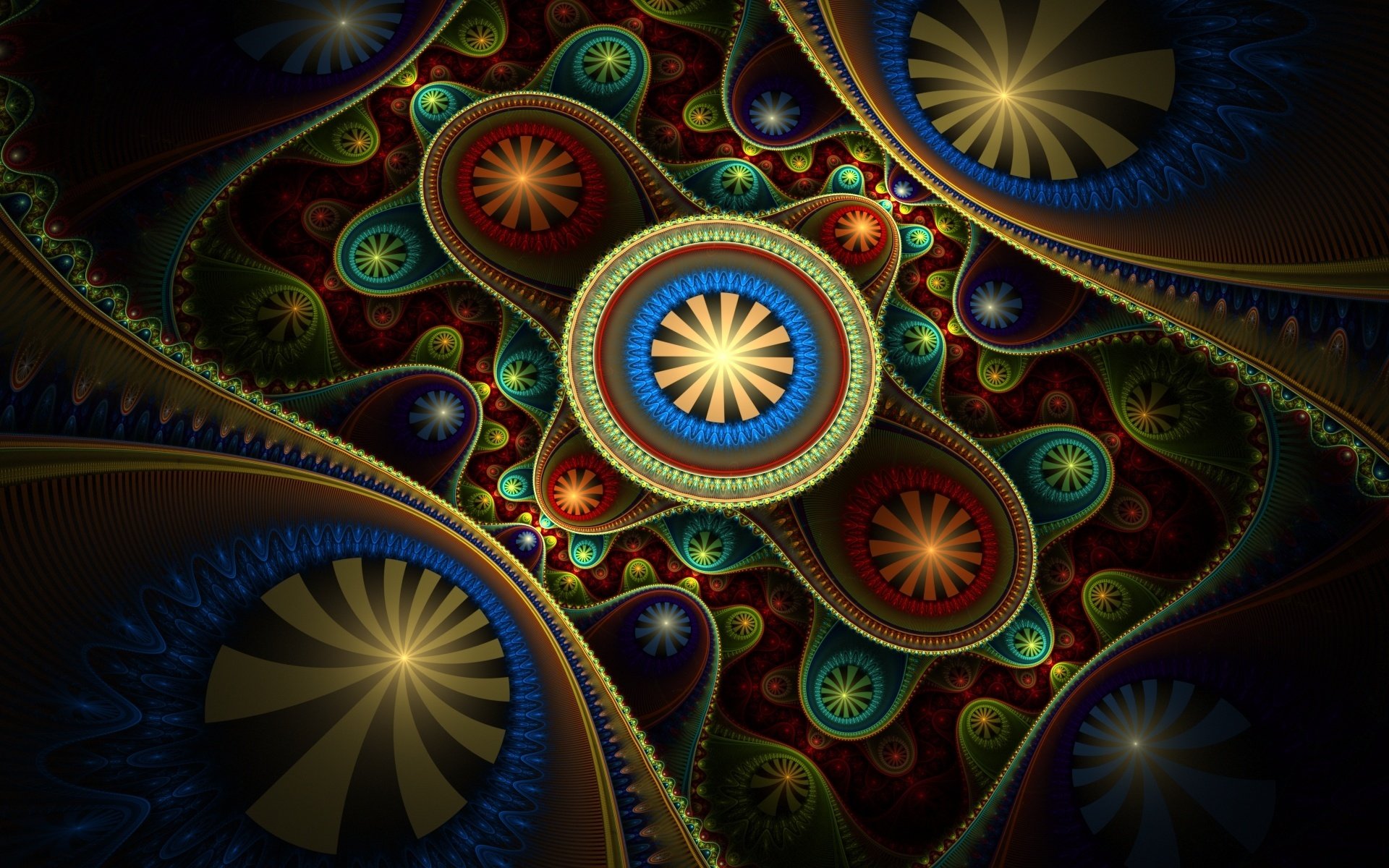 HD PC desktop wallpaper featuring an abstract fractal design with intricate, colorful circular patterns and a dark, textured background.