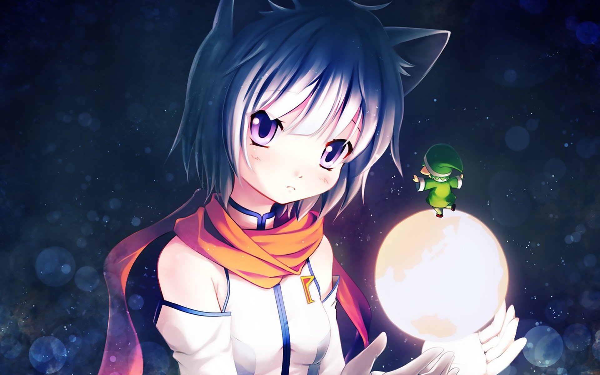 HD PC desktop wallpaper: anime cat-eared girl from Jinrui Wa Suitai Shimashita cradling a glowing orb with a tiny green creature against a starry, bokeh background.