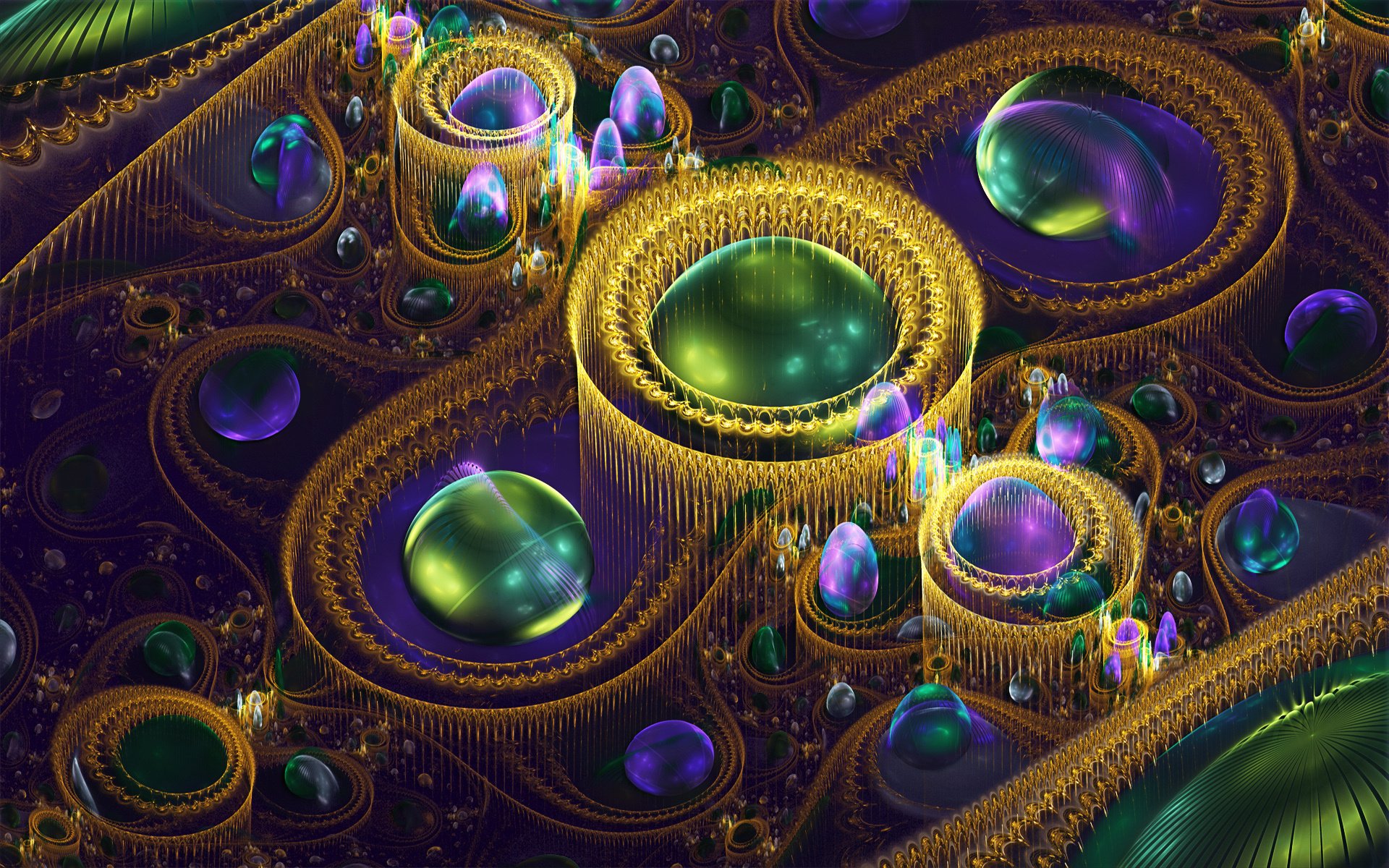 Artistic 3D HD desktop wallpaper featuring intricate golden rings, glowing orbs, and vibrant, translucent bubbles in a surreal, futuristic design.