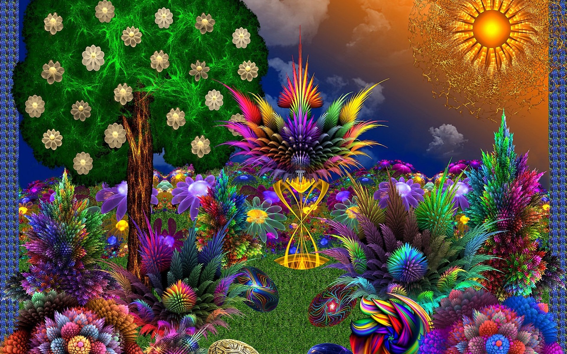 Abstract, artistic HD PC desktop wallpaper featuring vibrant, multicolored plants and flowers under a glowing sun with intricate patterns in a surreal garden setting.