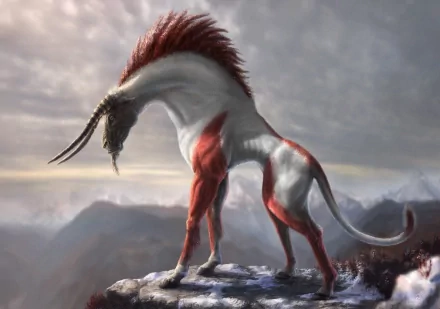 A majestic fantasy creature with a muscular build and striking red accents stands atop a rocky outcrop, overlooking a breathtaking mountainous landscape in this HD desktop wallpaper.