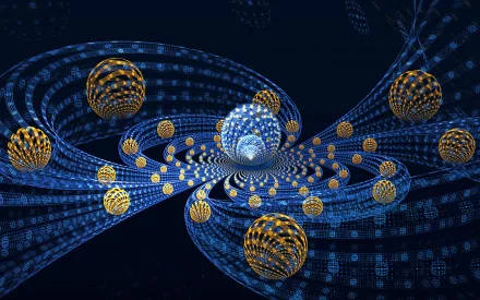 Artistic 3D HD desktop wallpaper featuring a dynamic spiral of glowing blue and gold spheres against a dark background, creating a futuristic digital landscape.