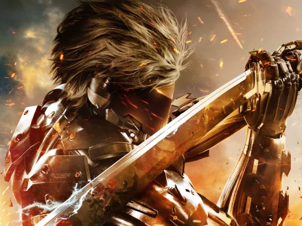 HD desktop wallpaper of Metal Gear Rising: Revengeance featuring a futuristic warrior wielding a sword with sparks and a dramatic background.