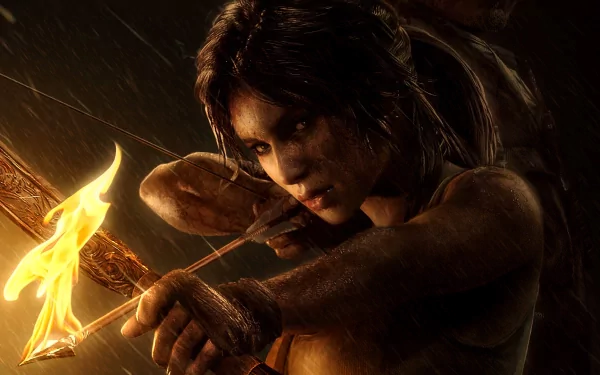 Lara Croft, the iconic character from the Tomb Raider video game series, aims her flaming arrow in this stunning HD PC wallpaper, showcasing her fierce determination and adventurous spirit.