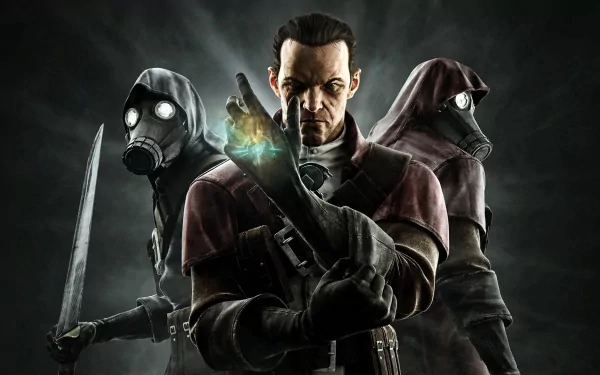 HD PC desktop wallpaper featuring characters from the video game Dishonored in dark, atmospheric tones.