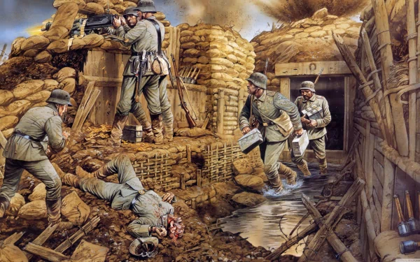 A gripping 4K Ultra HD wallpaper depicting soldiers in a wartime setting, showcasing their resilience amidst military trenches and rugged terrain.