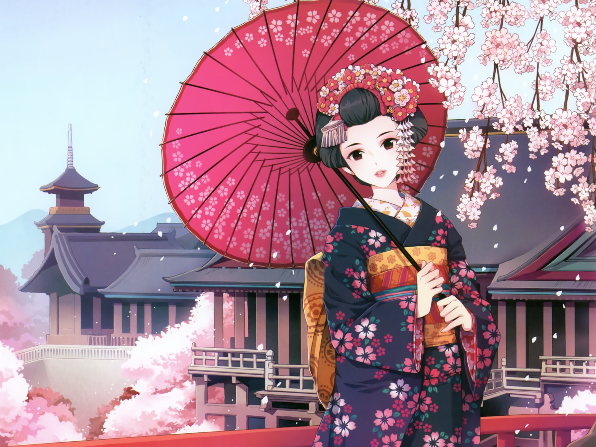 A serene anime girl in traditional attire holds a pink parasol, surrounded by blooming cherry blossoms and a picturesque backdrop, creating a vibrant HD desktop wallpaper.