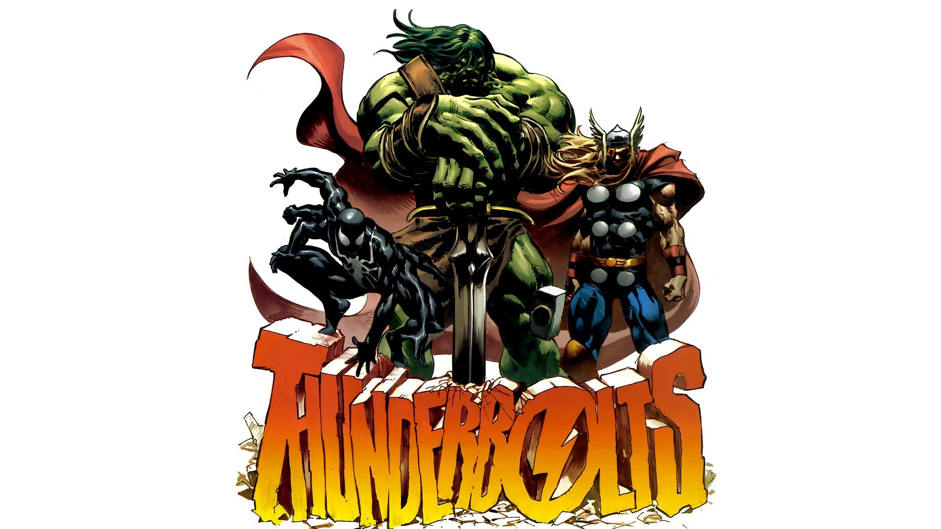 HD PC desktop wallpaper: comic-style Thor and Hulk stand heroically above the bold Thunderbolts logo.