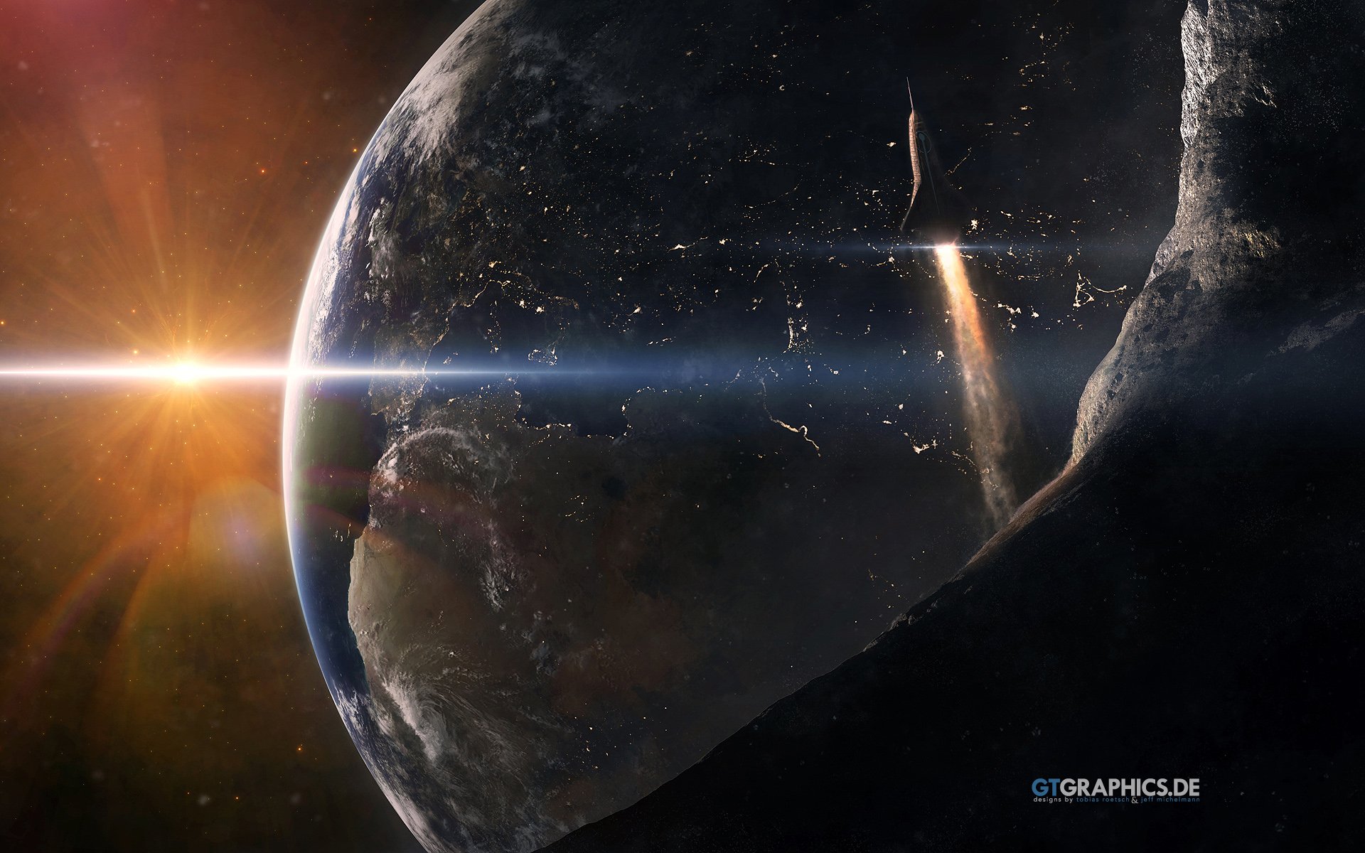 A stunning sci-fi scene featuring a planet illuminated by a distant sun, with dynamic cosmic elements creating an engaging HD PC desktop wallpaper and background.