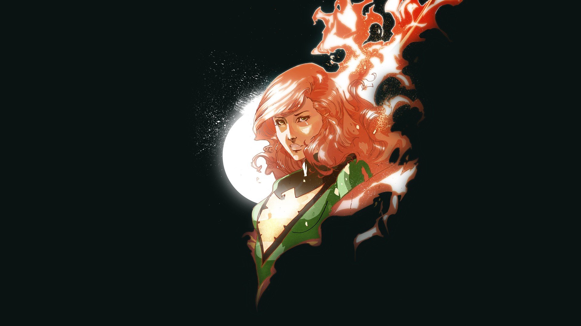 HD PC desktop wallpaper of Jean Grey as Phoenix (Marvel Comics), comic-style portrait with fiery hair and X-Men green costume against a dark, minimalist background.
