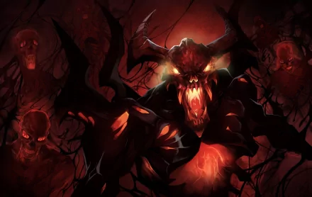 HD desktop wallpaper depicting Shadow Fiend from the video game DotA 2. The character is surrounded by eerie, dark figures against a fiery, red-toned background.
