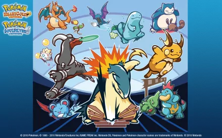 HD desktop wallpaper featuring iconic Pokémon from Pokémon: HeartGold and SoulSilver, including Charizard, Snorlax, Raichu, and more in dynamic poses against a blue gradient background.