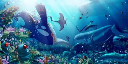 HD desktop wallpaper featuring various water Pokémon from the video game Pokémon. The scene depicts an enchanting underwater world with vibrant Pokémon swimming amidst colorful coral and marine life.
